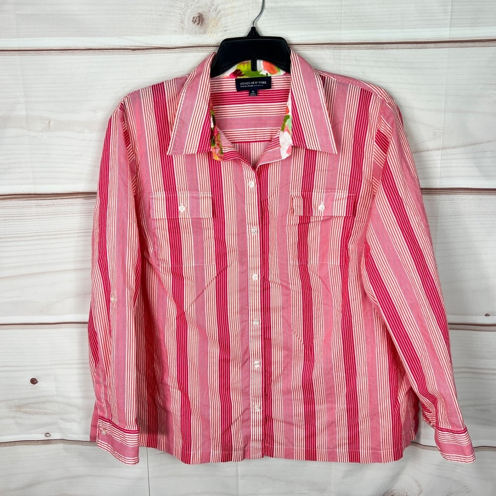 Jones New York Top Womens 3X‎ Pink Stripe Shirt Cotton Button Up Pockets Collar